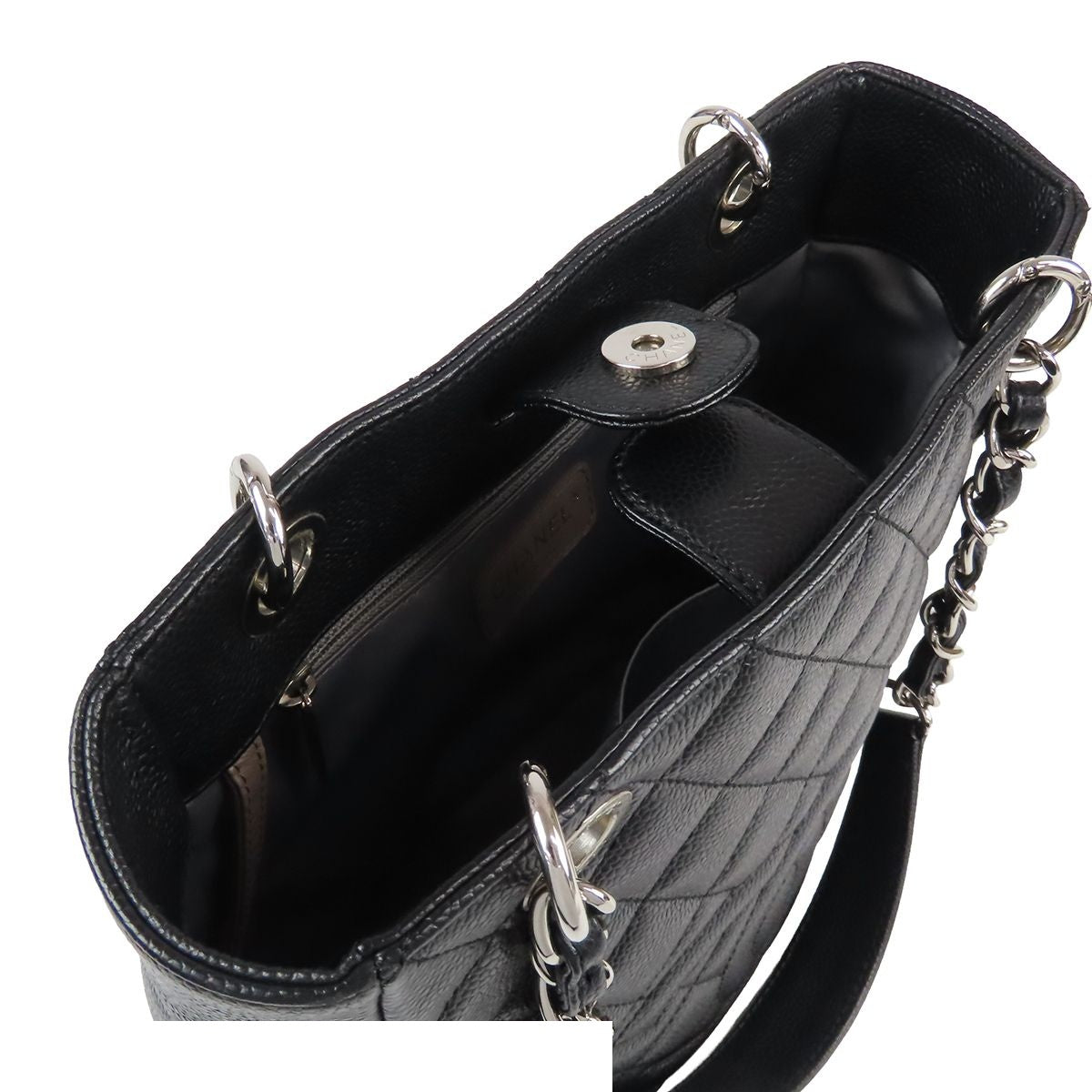Chanel Chain Tote Bag Black Silver Caviar Leather Petite Shopping PST Quilted CC — view 4