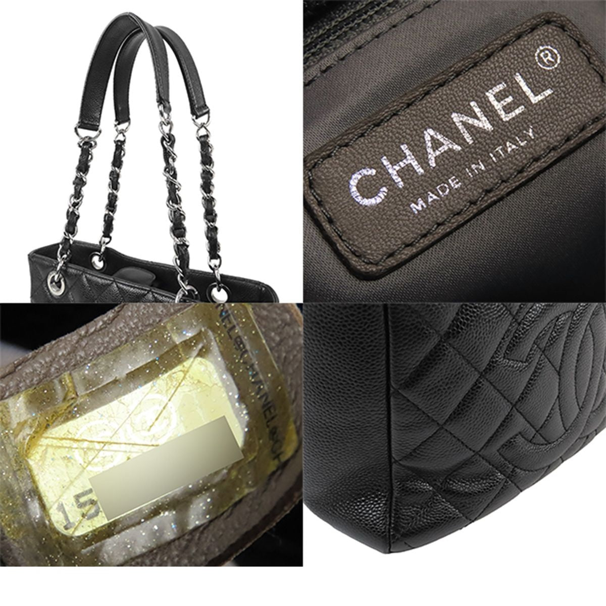 Chanel Chain Tote Bag Black Silver Caviar Leather Petite Shopping PST Quilted CC — view 5