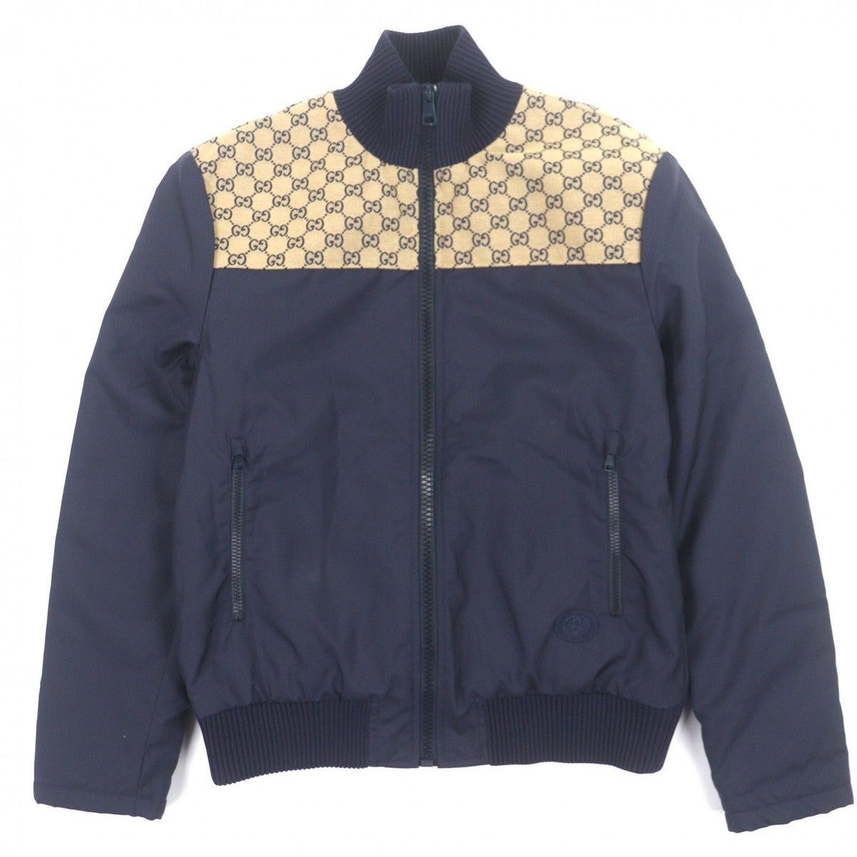 Gucci GG Canvas Logo Patch Filled Zip Up Jacket Navy Beige