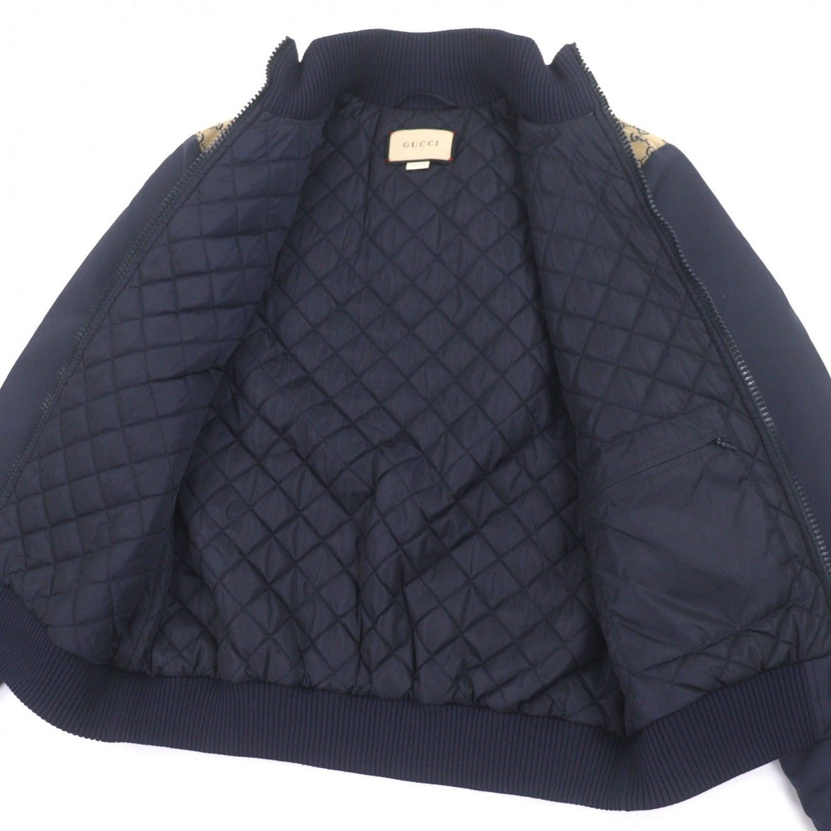 Gucci GG Canvas Logo Patch Filled Zip Up Jacket Navy Beige — view 4