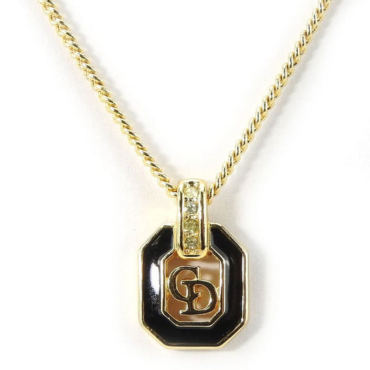 Christian Dior Necklace Metal Gold Black Accessories Logo Rhinestone