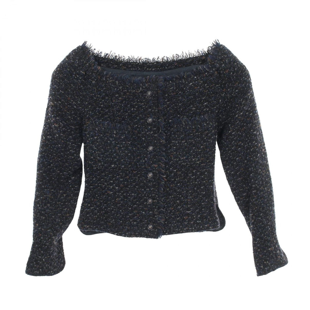Chanel Collarless Jacket Tweed Navy Wool