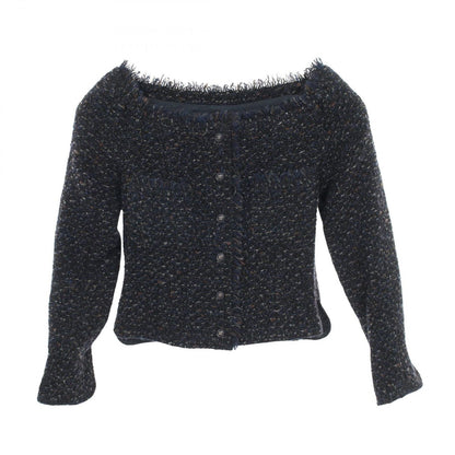Chanel Collarless Jacket Tweed Navy Wool
