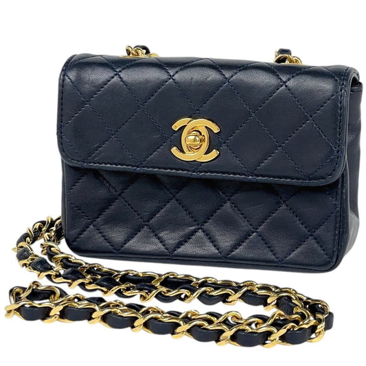 Chanel CC Logo Chain Shoulder Bag Mini Quilted Leather Navy