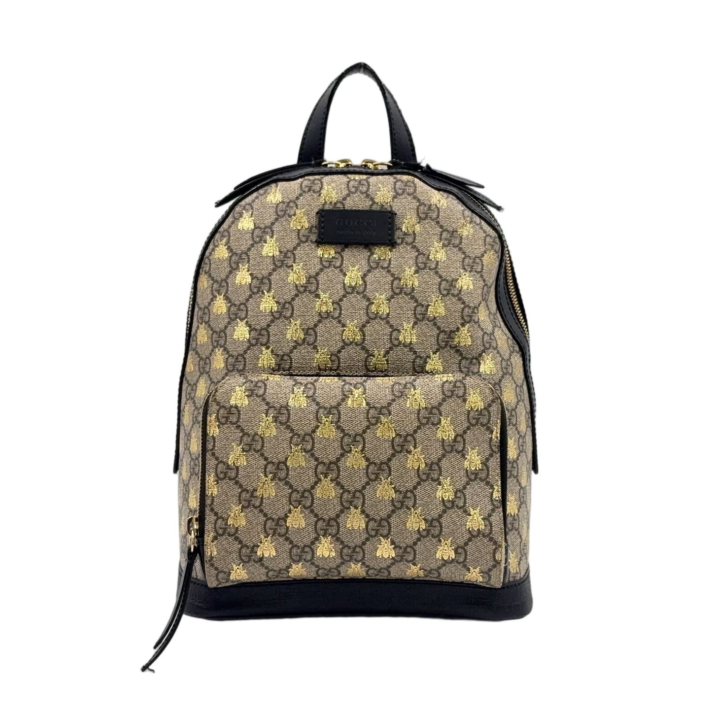 Gucci GG Supreme Beige Leather Black Backpack Gold