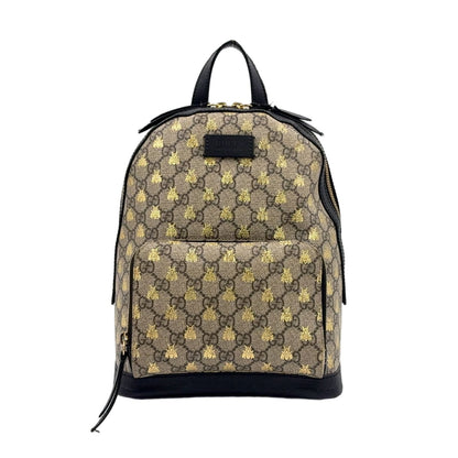 Gucci GG Supreme Beige Leather Black Backpack Gold
