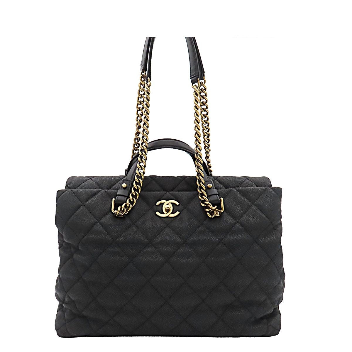 Chanel Chain Tote Quilted 2-Way Handbag Black Gold Grain Calf Leather