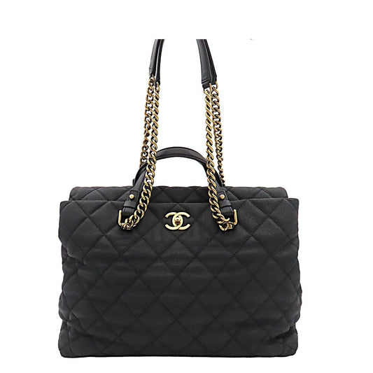 Chanel Chain Tote Quilted 2-Way Handbag Black Gold Grain Calf Leather
