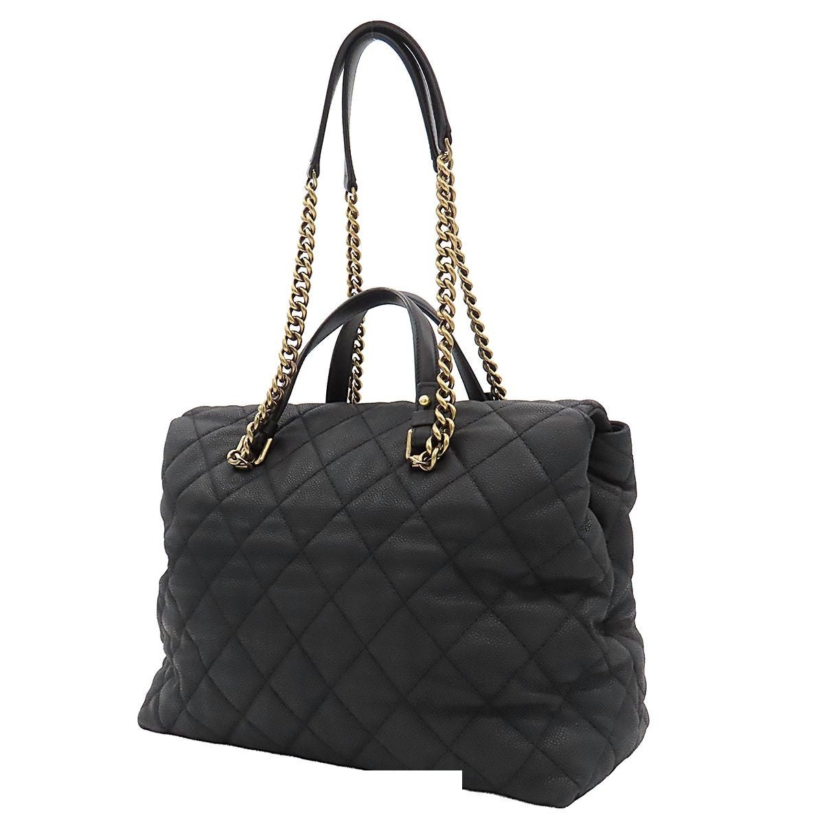 Chanel Chain Tote Quilted 2-Way Handbag Black Gold Grain Calf Leather — view 2