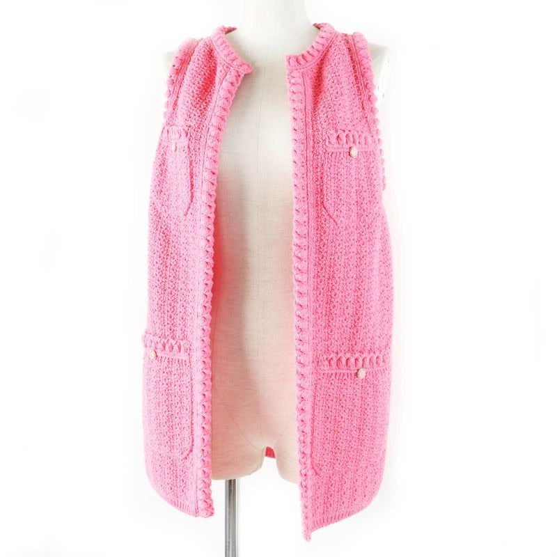 Chanel 22 S Front Open Long Length Gilet Vest With Coco Mark Buttons Pink