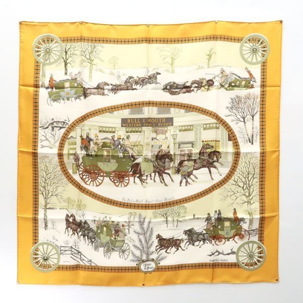 Hermes Carre 90 BULL & Mouth Western Coach Office Mail Yellow Scarf
