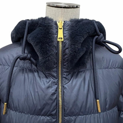 Moncler Evettes Reversible Logo Patch Boa Hooded Belt Down Jacket Coat Navy 0 — view 5