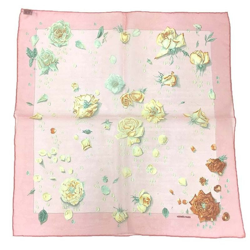 Hermes Scarf Carre 45 la Rosse Dew Roses Flowers Pink Silk Muslin Chiffon