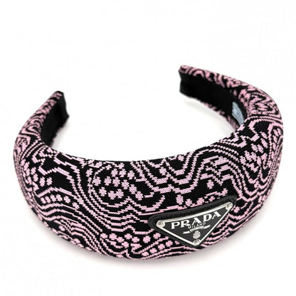 Prada Hair Headband Triangle Logo Canvas Black Pink Silver