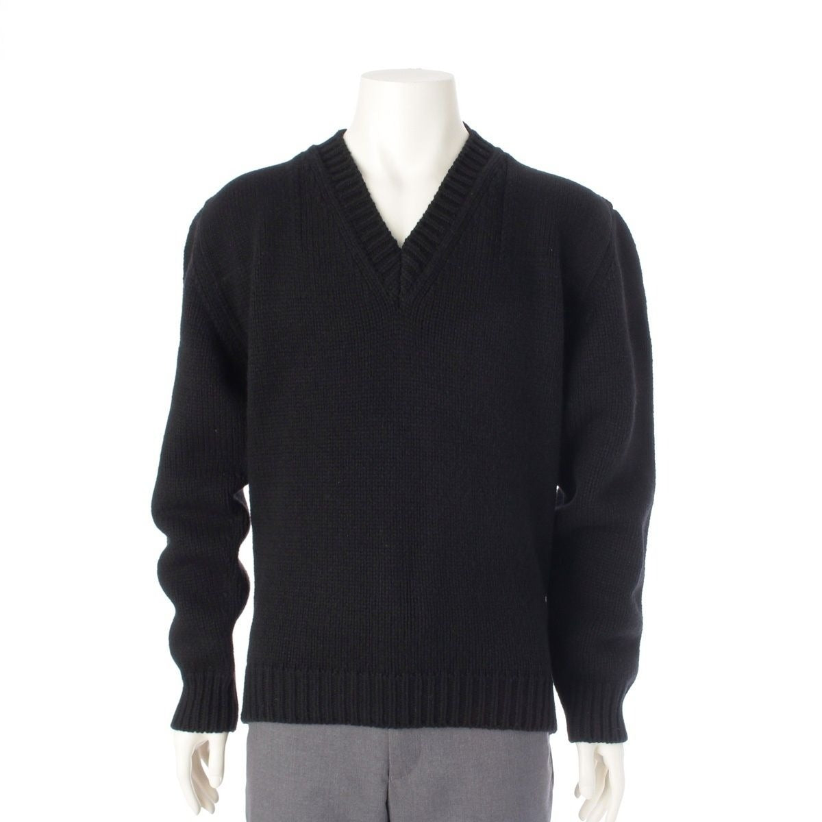 Prada Wool Triangle Logo Logege V-neck Sweater Knit Long Sleeve Top Black