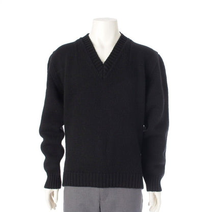 Prada Wool Triangle Logo Logege V-neck Sweater Knit Long Sleeve Top Black