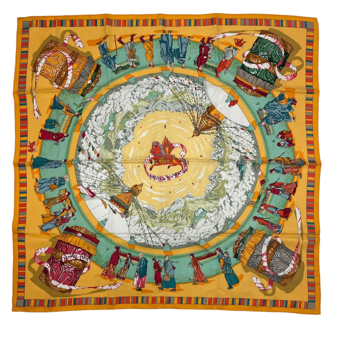 Hermes Scarf Silk Carre 90 Prieres AU Vent Prayer in the Wind Yellow
