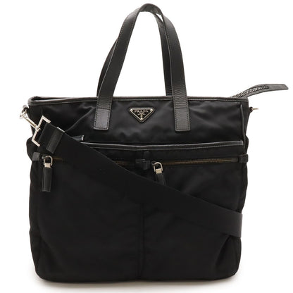 Prada Tote 2-Way Shoulder Bag Nylon Leather Nero Black Silver