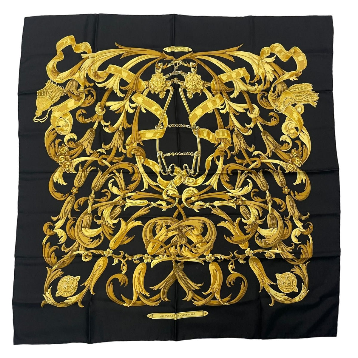 Hermes Scarf Silk Carre 90 Lemors a la Conetable Elegance Black Gold