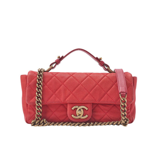 Chanel Chain Shoulder Bag Quilted Turnlock 2-Way Caviar Leather Red Gold Hardware