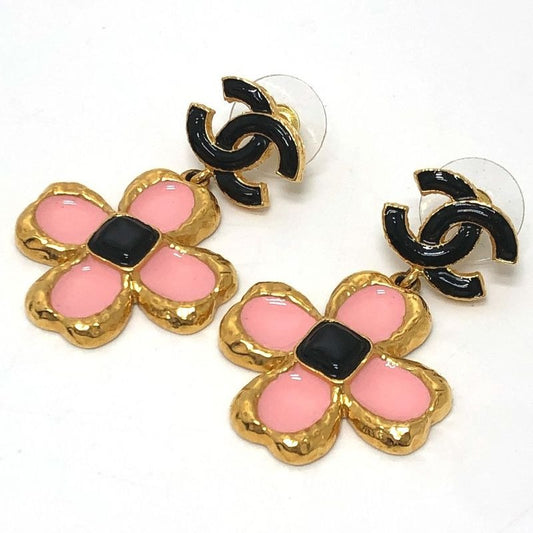 Chanel Coco Mark Flower Jewelry Accessories Earrings Metal Pink