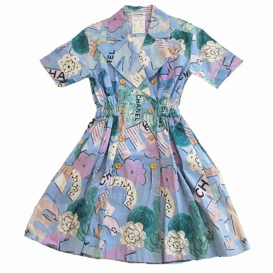 Chanel Vintage 90's Camellia Shirt Dress Logo Coco Mark Gold Button Short