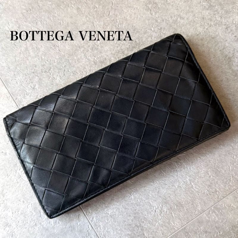Bottega Veneta Maxi Intrecciato Fold Long Wallet Billfold Leather Black