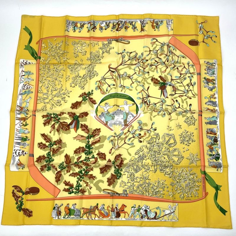 Hermes Carre 90 Neige Dantan Last Years Snow Yellow 100% Silk Scarf