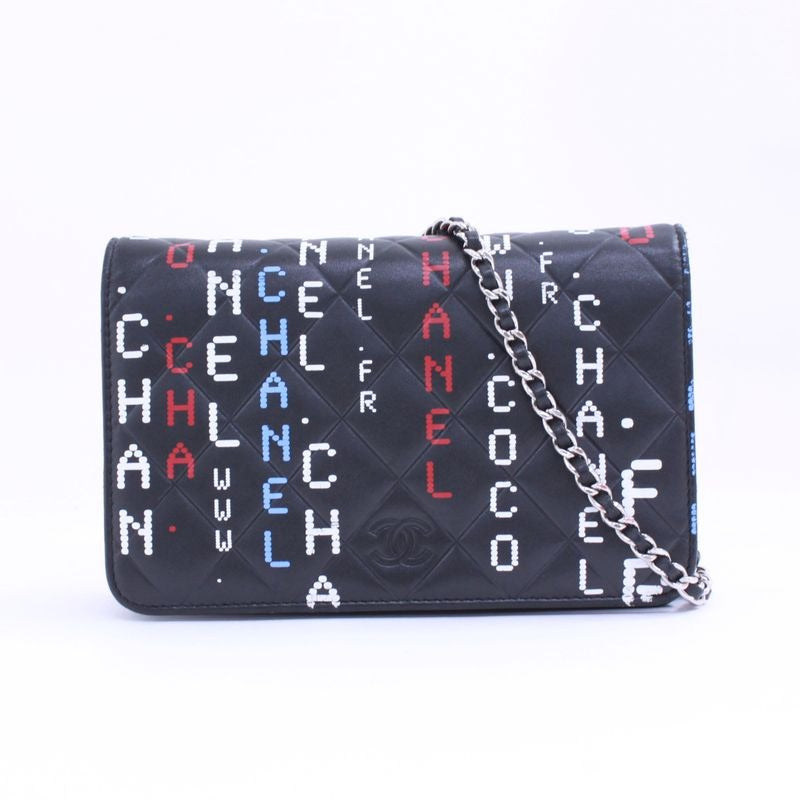 Chanel Typography Chain Wallet Leather Black Multicolor Shoulder Bag Silver