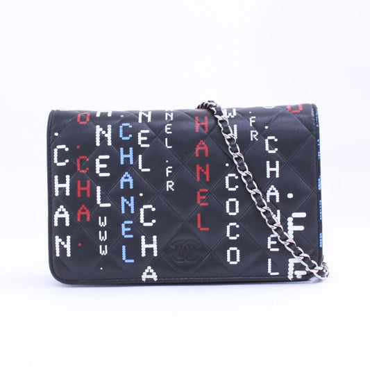 Chanel Typography Chain Wallet Leather Black Multicolor Shoulder Bag Silver