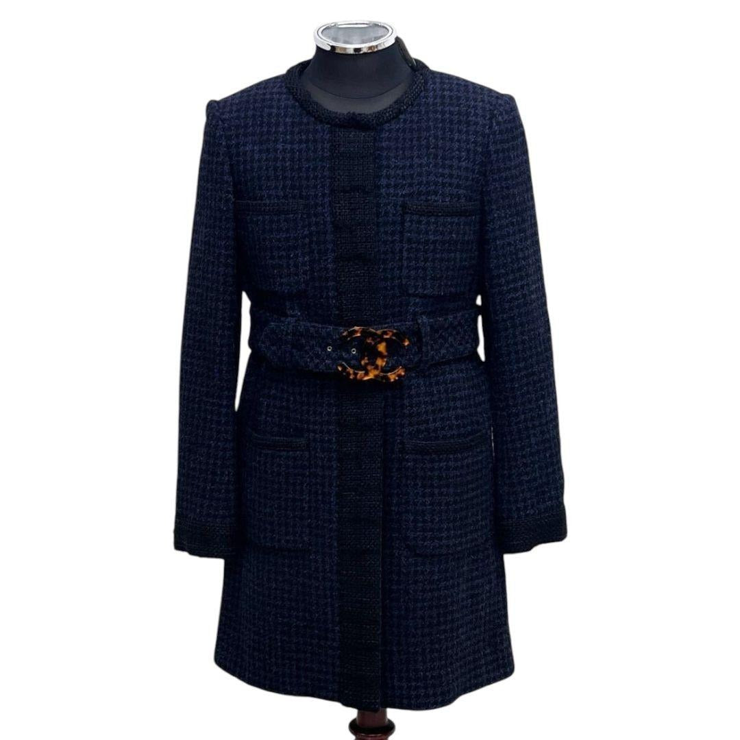 Chanel Big CC Logo Belt Staggered Tweed Collarless Coat