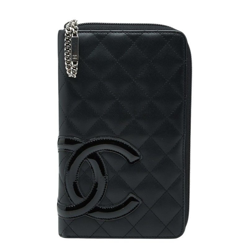 Chanel Cambon Line CC Logo Zip Around Wallet Black Leather Enamel