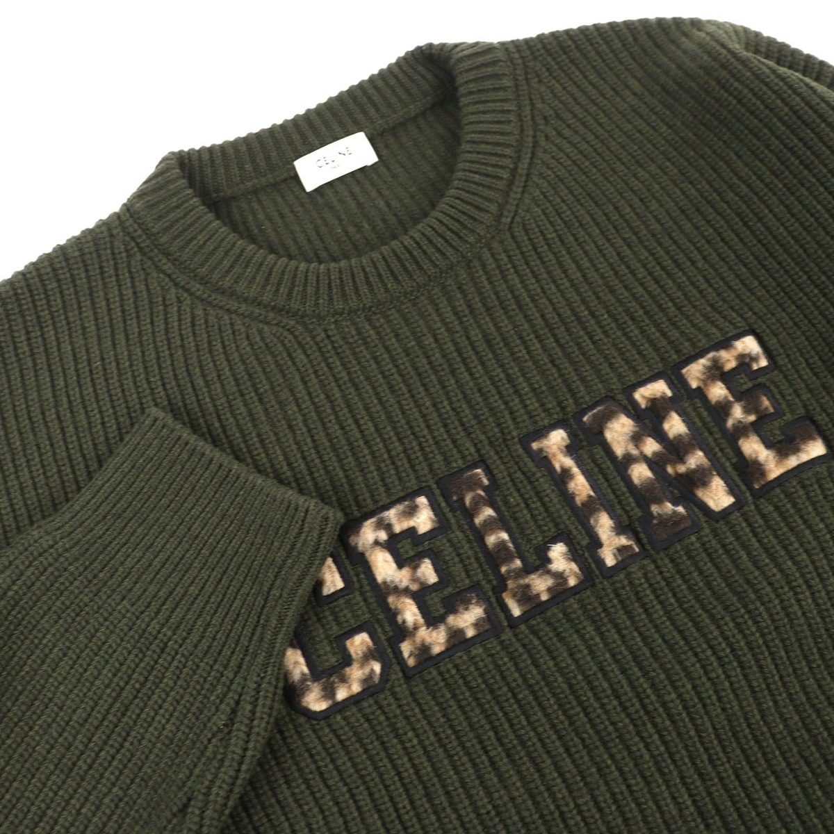 Celine Wool Leopard Front Logo Crew Neck Oversize Long Sleeve Knit Sweater Khaki — view 3