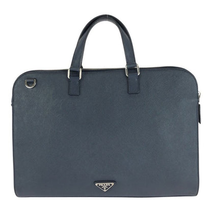 Prada Saffiano Triangle Logo Plate Navy Silver Hardware Leather Business Bag