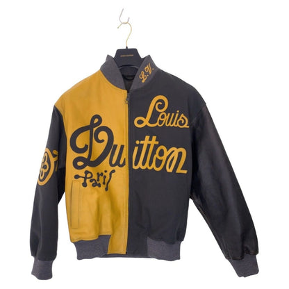 Louis Vuitton Leather Bomber Zip Up Jacket 48 Yellow Gray