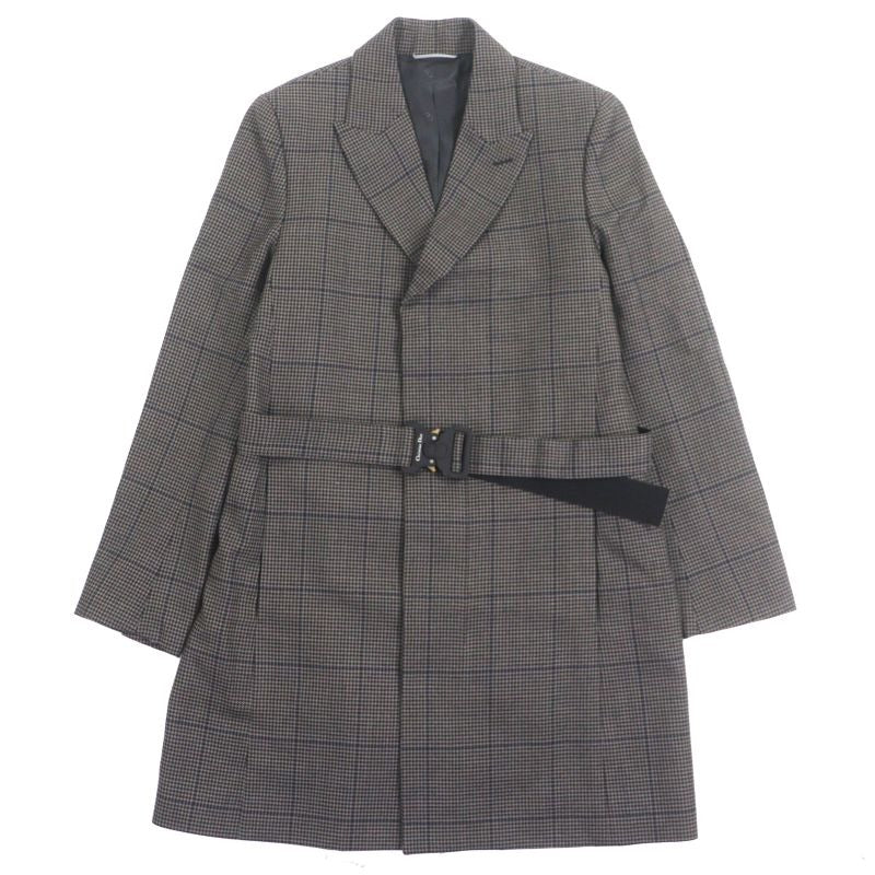 Dior Homme 293 C381 B5637 100% Wool Staggered Pattern CD Buckle Belt Winged Coat