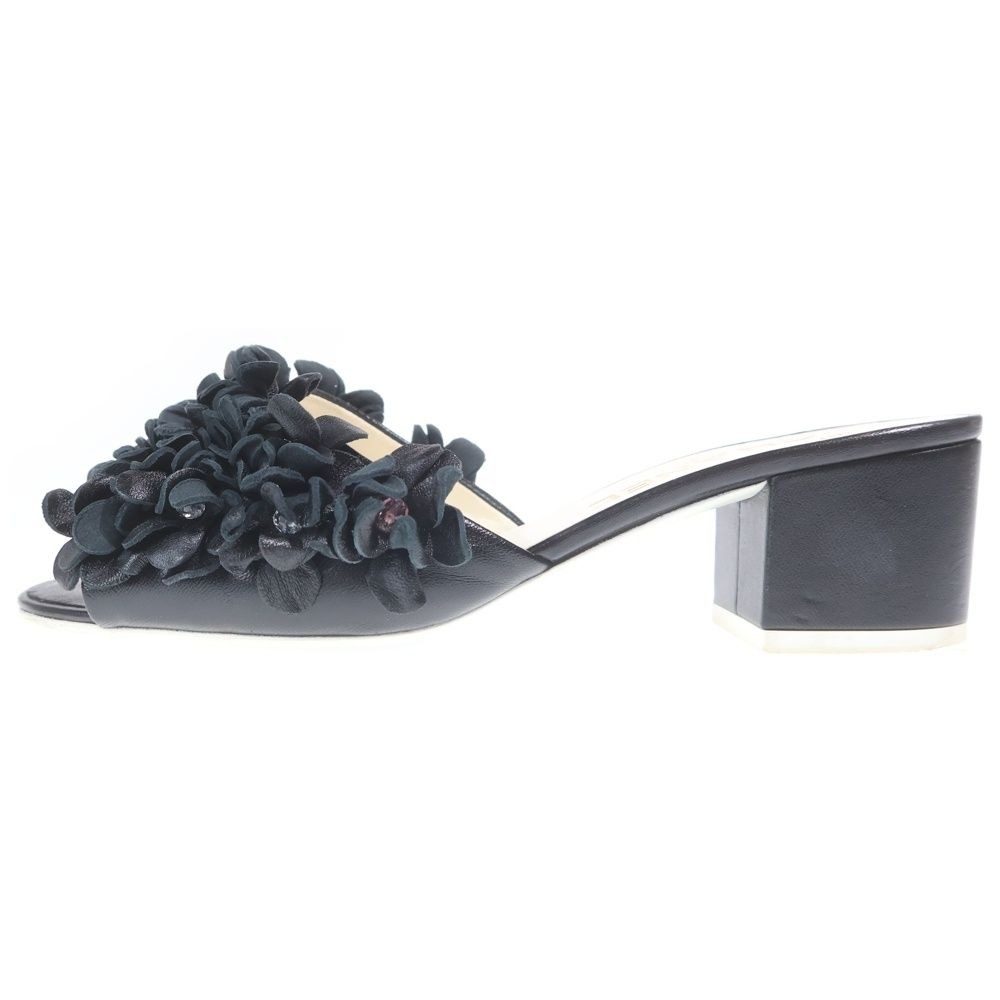 Chanel Leather Flower Motif Heel Sandals Black