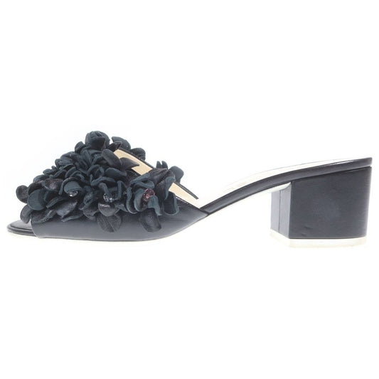 Chanel Leather Flower Motif Heel Sandals Black