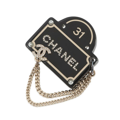 Chanel Brooch CC Logo Chain Line Stone Faux Pearl