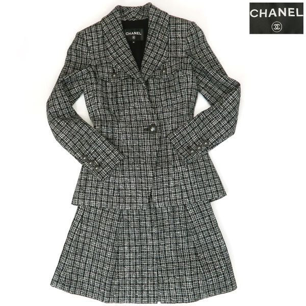 Chanel Tweed Set Mixed 34 Black Silver Skirt Jacket