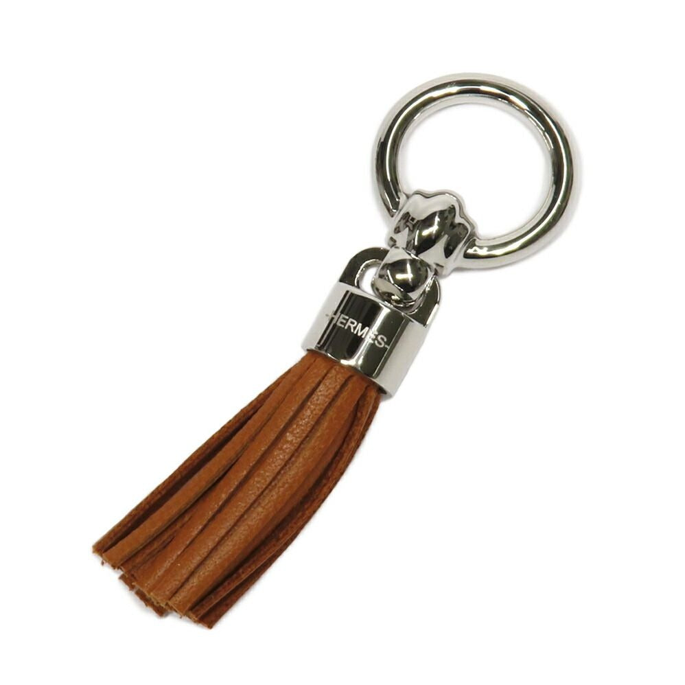 Hermes Twilly Ring Cell Pom Pon Brown Silver Leather Scarf