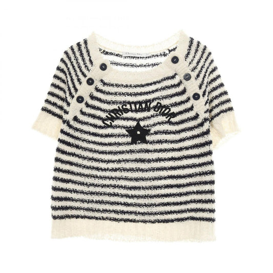 Dior Knit Top Mariniere Cotton Silk Short Sleeve Ivory Navy