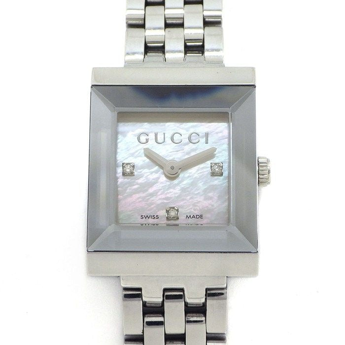 Gucci Watch Frame 128.4 3 Points Diamond Index Square White Shell Dial SS
