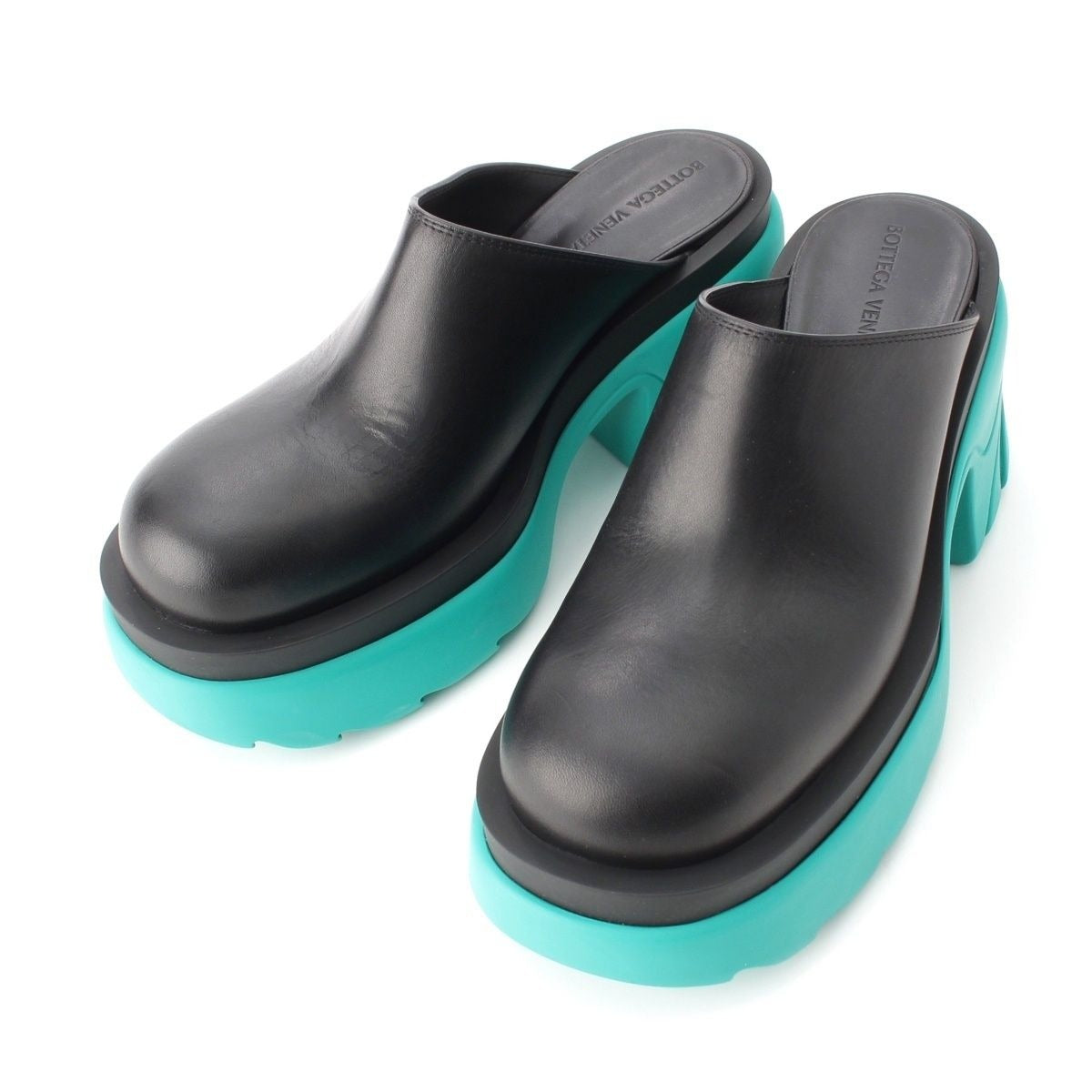 Bottega Veneta Flash Leather Platform Sandals Mule Sabot Shoes Black Turquoise