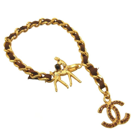 Chanel Coco Mark 01 A Colored Stone Bambi Metal Gold Brown Chain Bracelet 0072