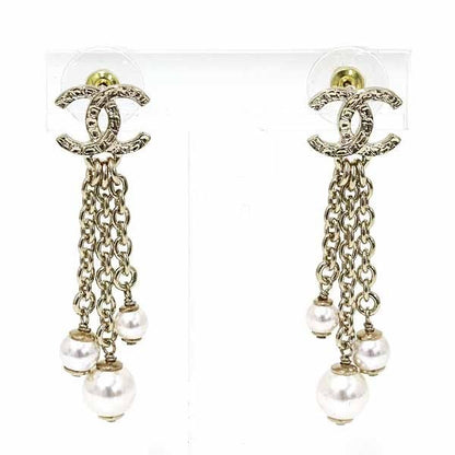 Chanel Pearl Chain Coco Mark Earrings Metal Rai White Gold B25 a S Rank