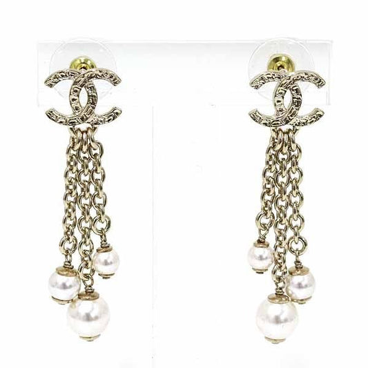 Chanel Pearl Chain Coco Mark Earrings Metal Rai White Gold B25 a S Rank