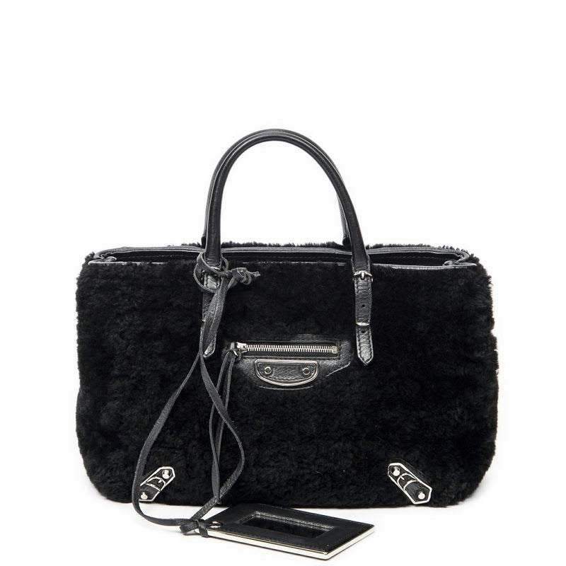 Balenciaga Mini Papier A4 Tote Black Rabbit Fur Canvas