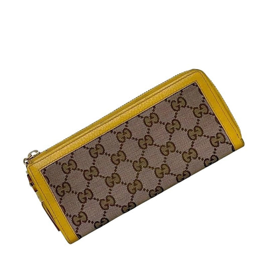 Gucci L-shaped Zipper Long Wallet Beige Yellow GG Canvas Bamboo