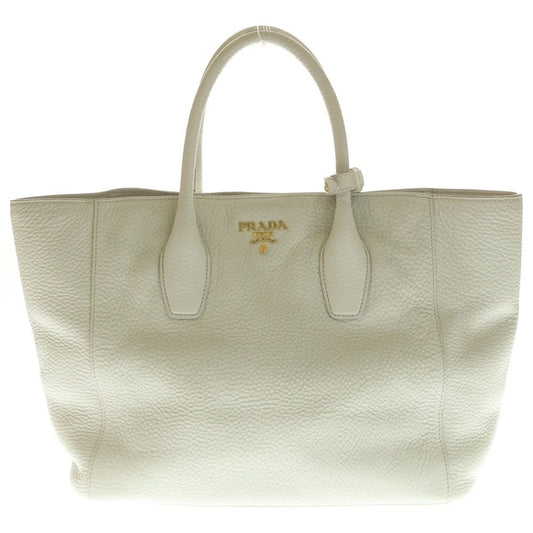 Prada Logo 2-Way Shoulder Bag Tote White Gray Leather Gold